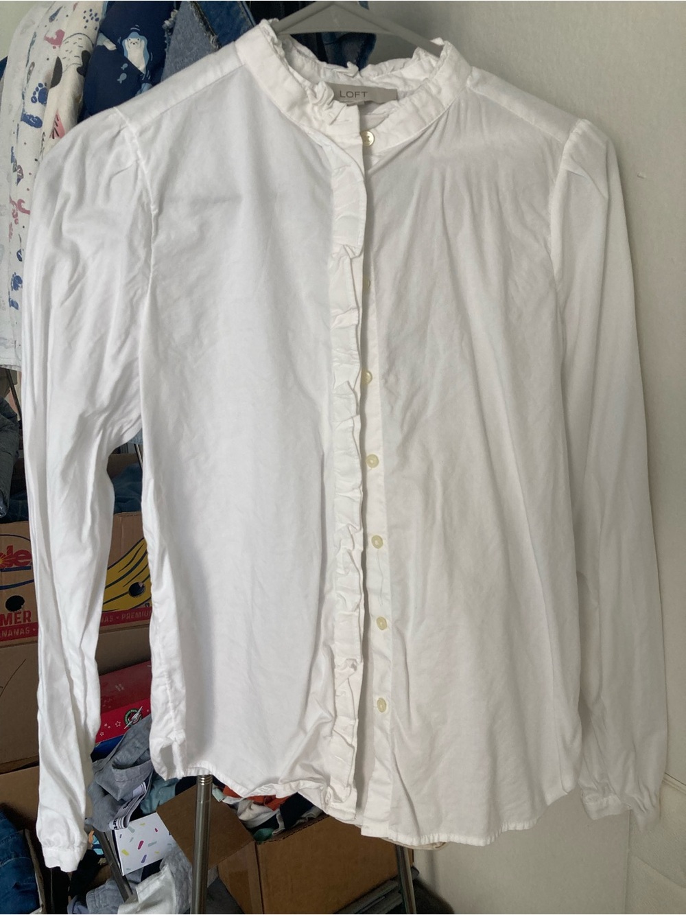 LOFT White Ruffle-Trim Button Front Shirt